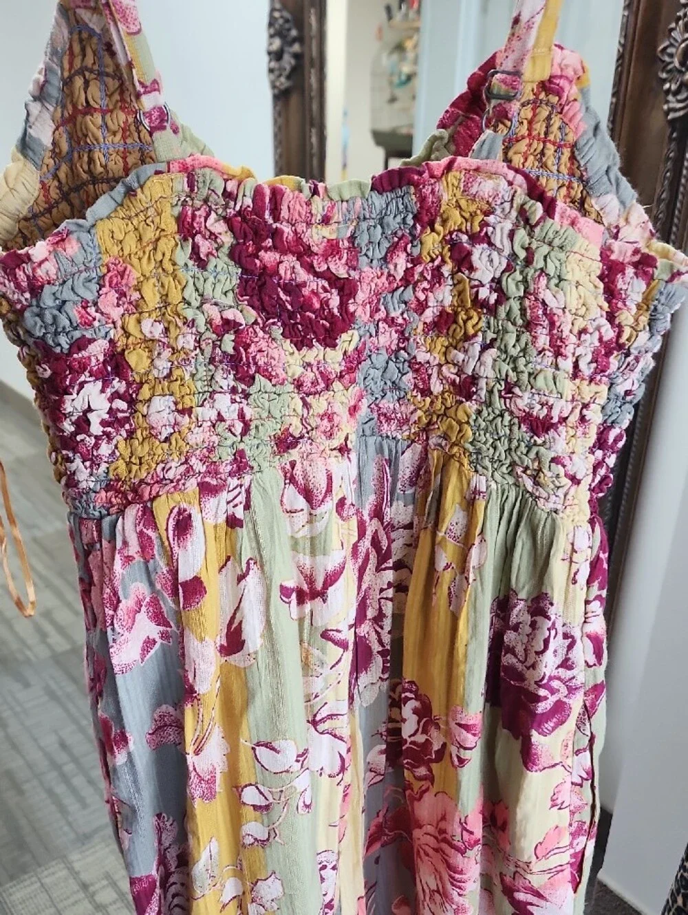 Free People Yellow Floral Smocked Jumpsuit with Burgundy Accents